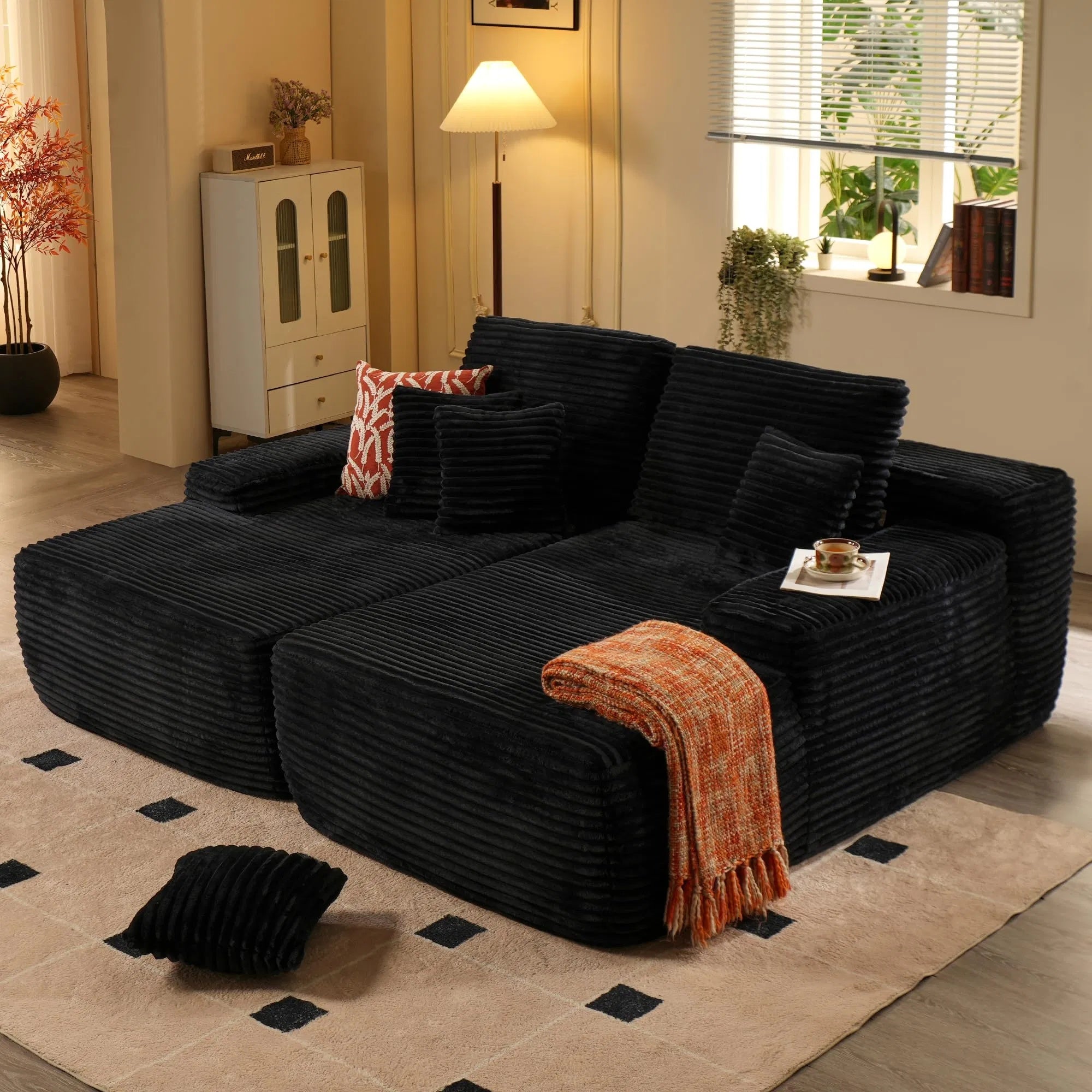 Loveseat Oversized Double Lounge Chaise,Cloud Plush Sofa Bed,Upholstered Boneless Cloud Sofa Deep Seat,No Assembly Required,Modern Corduroy Sleeper Loveseat Chair For Living Room Bedroom Reading,Black