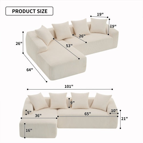 Modular LY-023 WHITE COMPRESSION SOFA Combining Chaise Longue With 3-seater, Corduroy Fabric, Full Sponge Compression Sofa,combined Sofa With 4 Pillows For Living