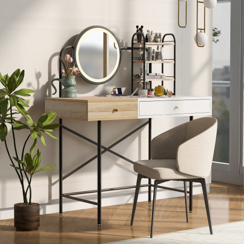 Tocador Makeup Vanity Desk With 3-Mode Lighted Mirror & Wireless Charging Station , Vanity Table With Drawer & 3 Open Shelves For Ample Storage Space