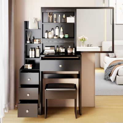 Tocador Left Bedside Cabinet Vanity Table  Cushioned Stool, Extra Large Right Sliding Mirror, Multi Layer High Capacity Storage, Practical Fashionable Dresser, Suitable For Small Space