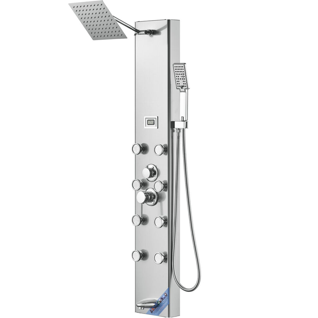 Shower Panel System, 5 Shower Modes, Digital Display Shower Panel Tower, Rainfall, 8 Massage Jets, Tub Spout, 3-Setting Handheld Shower Head 59 Hose, Stainless Steel Wall-Mounted Shower Set