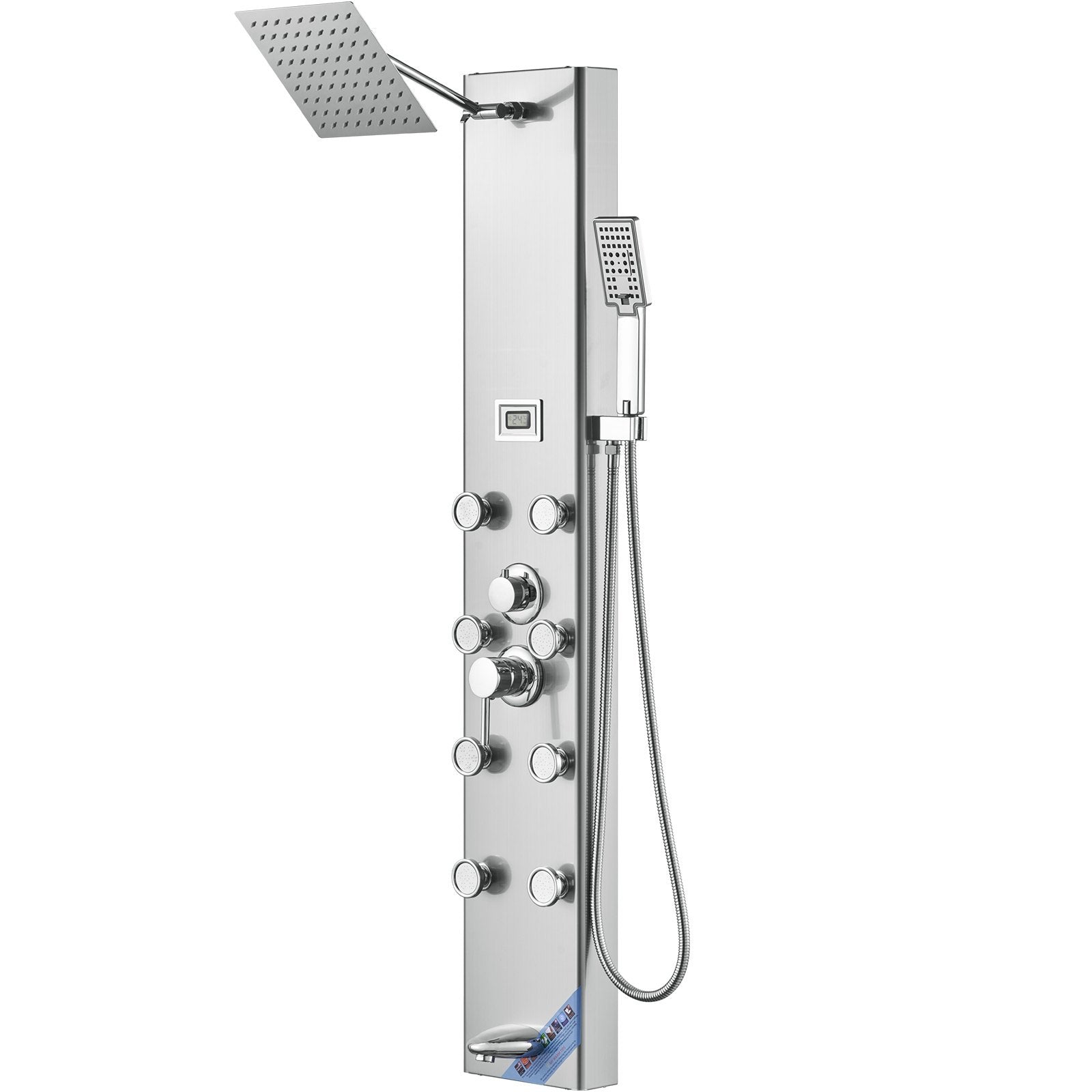 Shower Panel System, 5 Shower Modes, Digital Display Shower Panel Tower, Rainfall, 8 Massage Jets, Tub Spout, 3-Setting Handheld Shower Head 59 Hose, Stainless Steel Wall-Mounted Shower Set