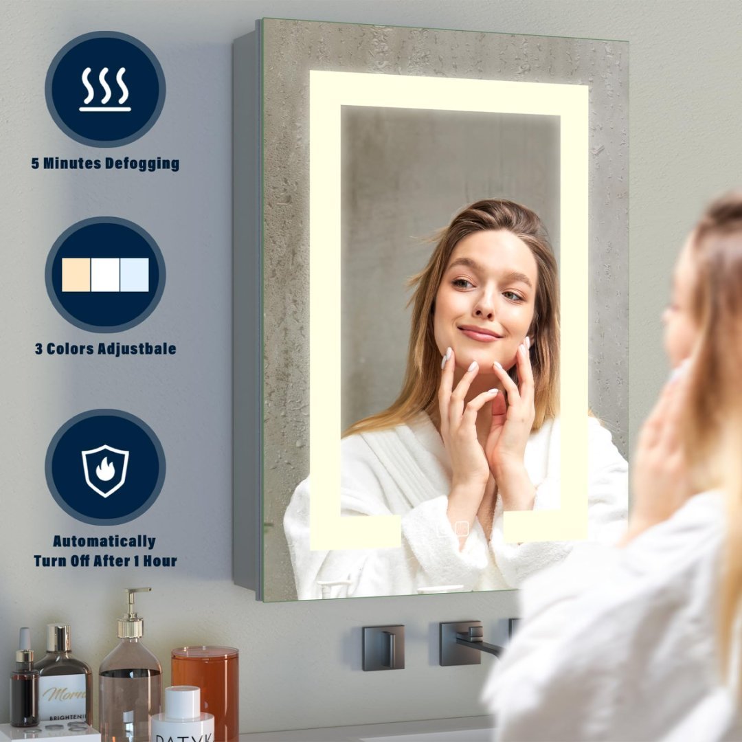 LED Bathroom Wall Medicine Cabinet Mirror Lighted Mirror With Storage Recessed Or Surface Dimmable 3 Colors Temperature Anti-Fog Adjustable Shelf 2 Sockets 2 USB Interfaces