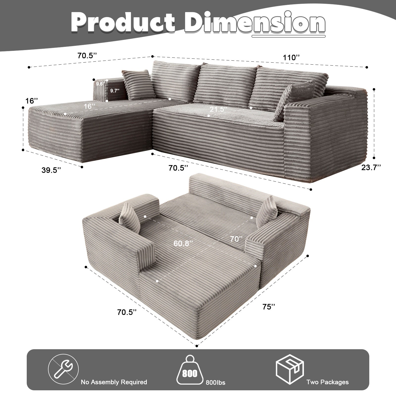 Modular L-Shaped Compression Sofa Bed With Corduroy Fabric - Convertible Sectional Sofa, Foldable Floor Couch Sleeper, Space-Saving Flannel-Like Lounge For Small Apartments, Living Room & Game Room NO TUME