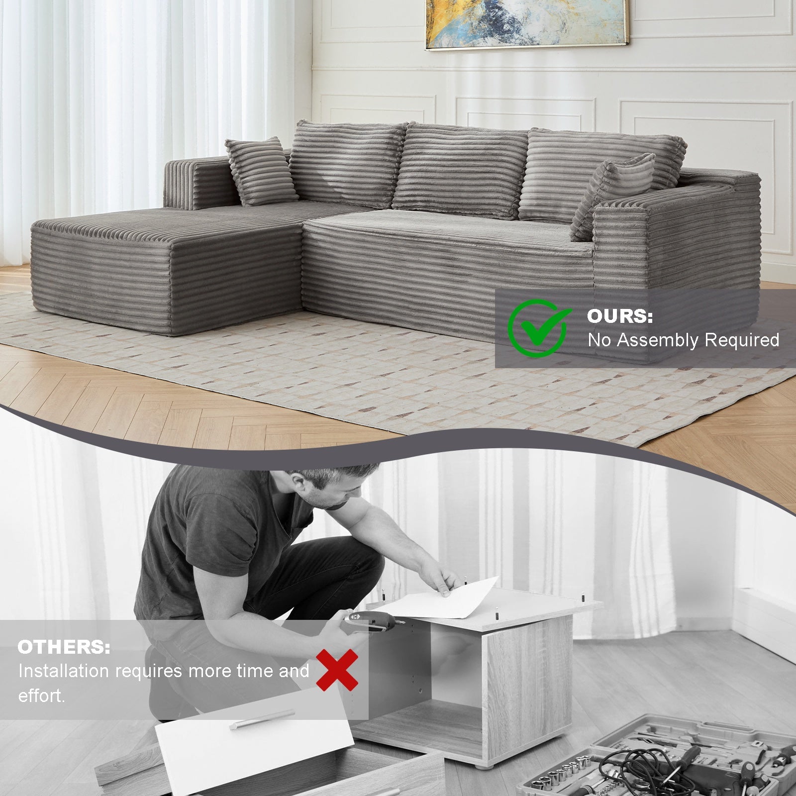 Modular L-Shaped Compression Sofa Bed With Corduroy Fabric - Convertible Sectional Sofa, Foldable Floor Couch Sleeper, Space-Saving Flannel-Like Lounge For Small Apartments, Living Room & Game Room NO TUME