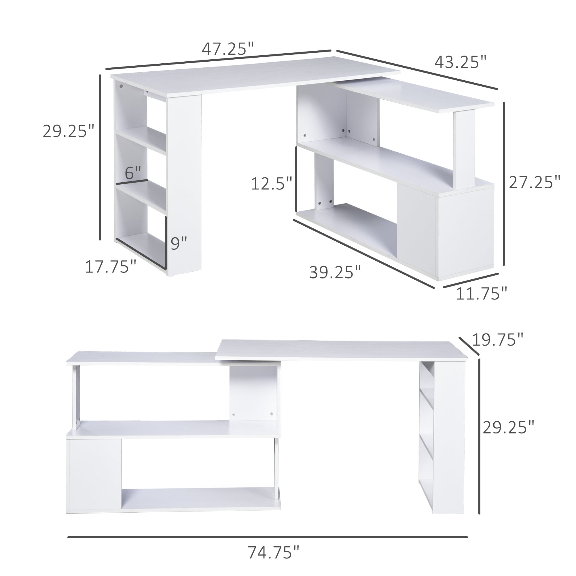 L Shaped Computer Desk With Storage Shelves, Writing Table Workstation, White