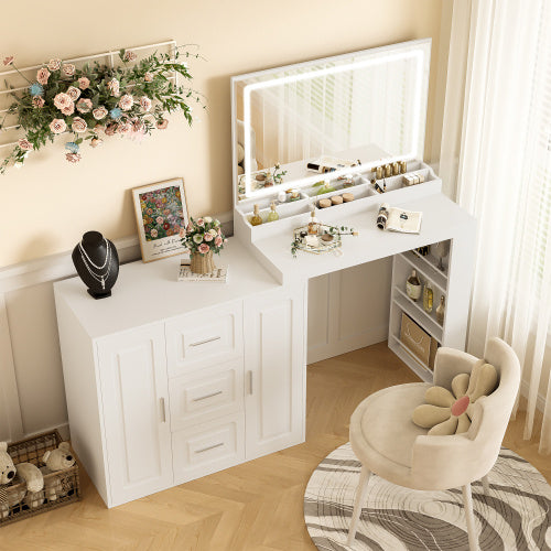 Tocador Makeup Vanity Desk With Mirror, Vanity Mirror With Lights, Dressing Table With 3 Drawers And 2 Cabinets, Vanity Table With Storage Shelves For Bedroom, White
