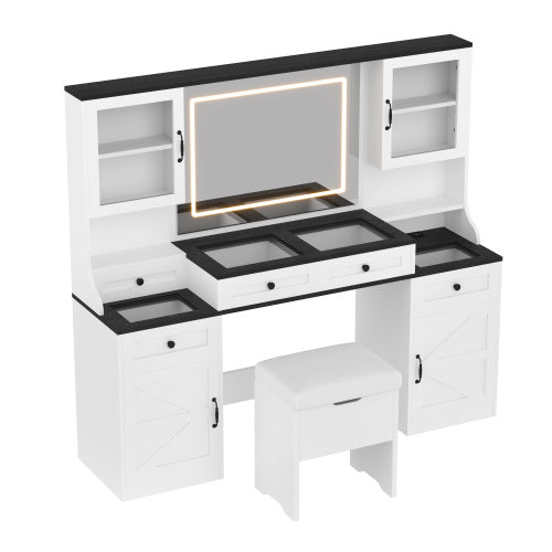 Tocador Vanity Desk With Mirror And LED Lights, Dressing Table With 5 Drawers And 4 Cabinets, Makeup Vanity Table Set With Glass Visual Desktop And Cushion Stool, For Bedroom
