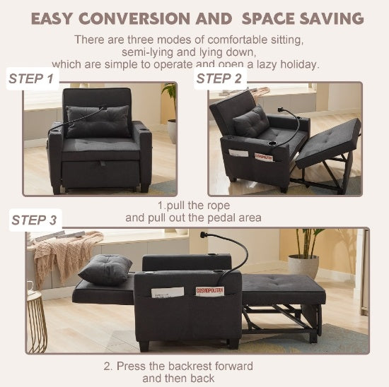 3-in-1 Futon Chair Bed Convertible Chair 3-in-1 Pull Out Sleeper Chair Beds With USB Ports,Wear-resistant And Anti-scratch, Armchair Bed Sleeper For Living Room,Grey.