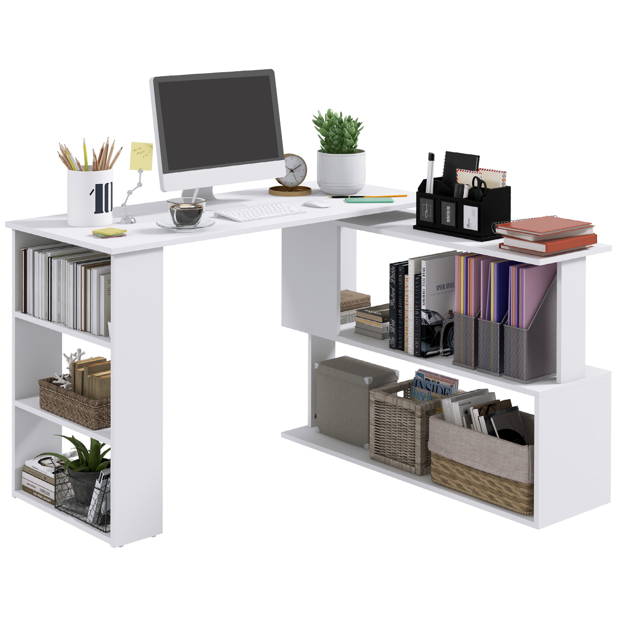 L Shaped Computer Desk With Storage Shelves, Writing Table Workstation, White