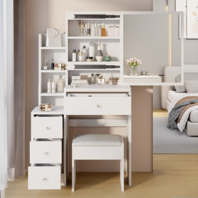 Tocador Left Bedside Cabinet Vanity Table  Cushioned Stool, Extra Large Right Sliding Mirror, Multi Layer High Capacity Storage, Practical Fashionable Dresser, Suitable For Small Space