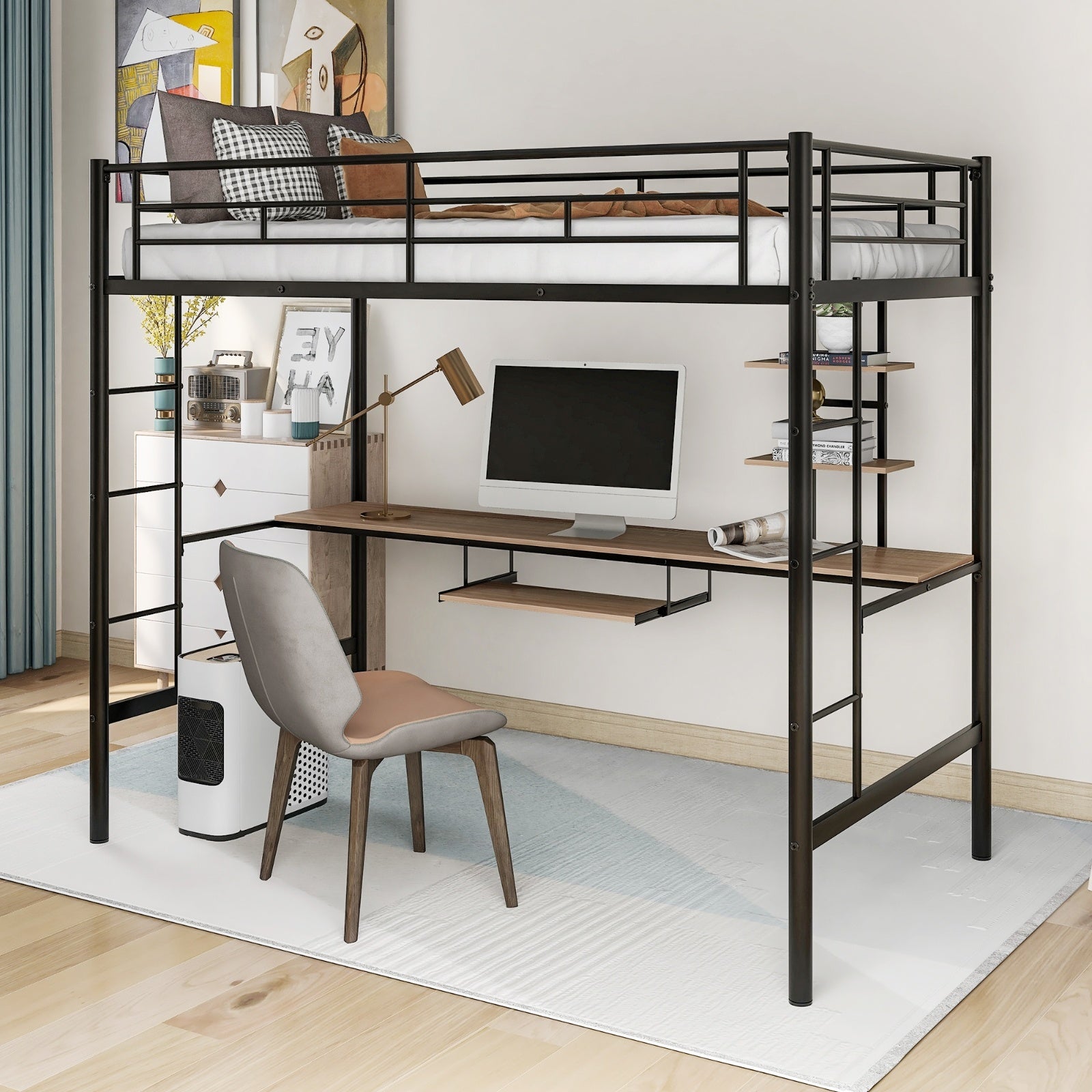 Loft Bed With Desk And Shelf , Space Saving Design,Twin