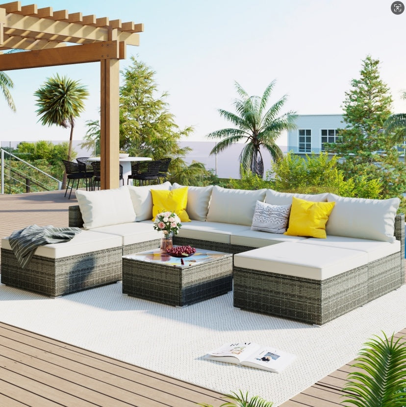 Juego de muebles exterior 8-Pc Outdoor Patio Furniture Set, Garden Wicker Sofa, Single Sofa Combinable