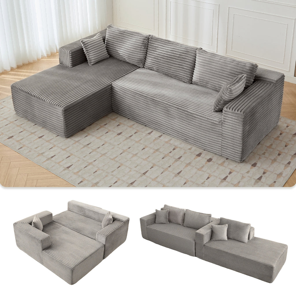 Modular L-Shaped Compression Sofa Bed With Corduroy Fabric - Convertible Sectional Sofa, Foldable Floor Couch Sleeper, Space-Saving Flannel-Like Lounge For Small Apartments, Living Room & Game Room NO TUME