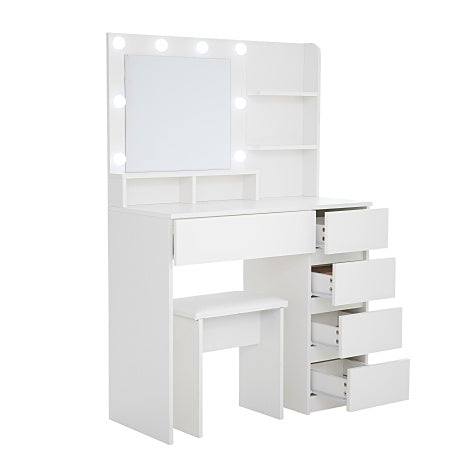 Tocador Vanity, Makeup Vanity Desk Set With Mirror & Light, Dressing Table Storage Lots With Power Strip, 3 Lighting Modes With Adjustable Brightness, 37 Inches White With Stool