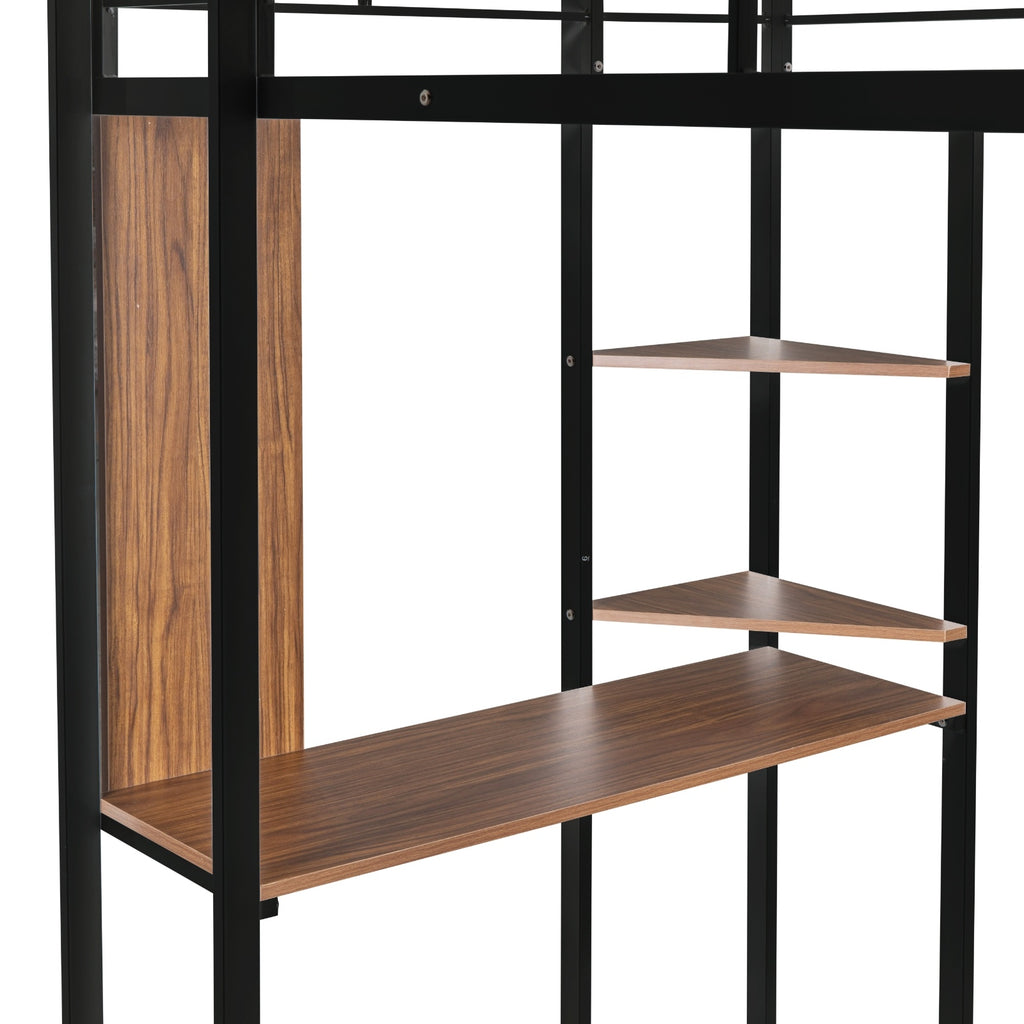 Twin Metal Loft Bed With 2 Shelves And One Desk ,BLACK