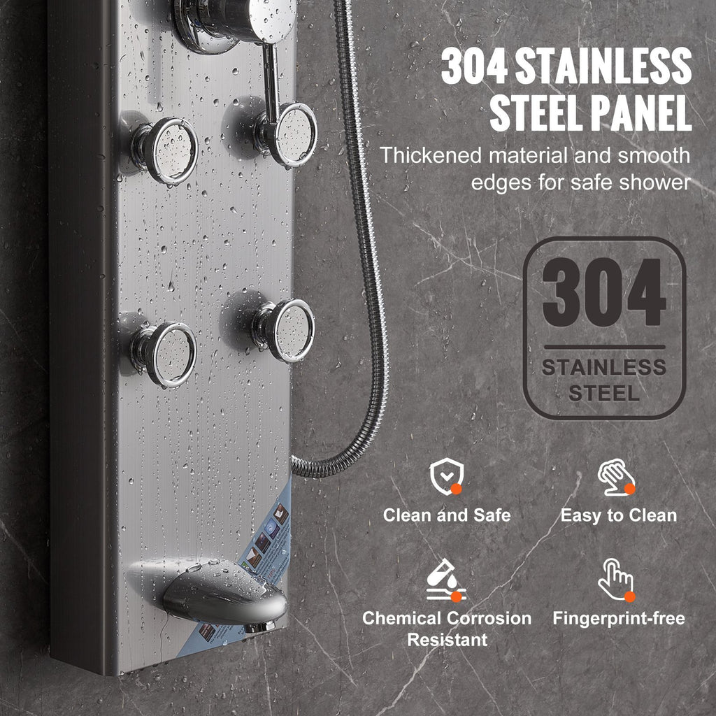 Shower Panel System, 5 Shower Modes, Digital Display Shower Panel Tower, Rainfall, 8 Massage Jets, Tub Spout, 3-Setting Handheld Shower Head 59 Hose, Stainless Steel Wall-Mounted Shower Set