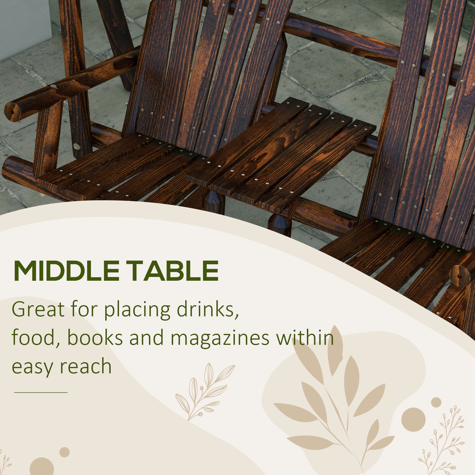 Adirondack Swing Chair Outdoor 2-Seat Freestanding Solid Wood With Center Table Carbonized