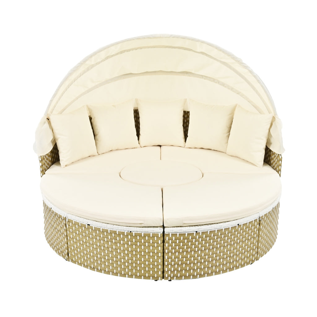 Patio Furniture Round Outdoor Sectional Sofa Set Rattan Daybed Two-Tone Weave Sunbed With Ret