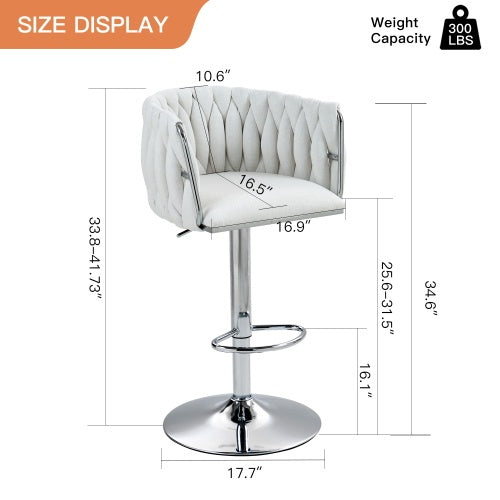 360 Fabric Cover Swivel Bar Stools Set Of 2, Adjustable Counter Height Bar Chairs With Woven Back & Footrest, Silver Chromed Bar Stools For Kitchen Island, Cafe, Pub