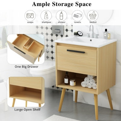 24 Bathroom Vanity With Sink Combo, Multi-functional Bathroom Cabinet With Drawer, MDF Board, Natural
