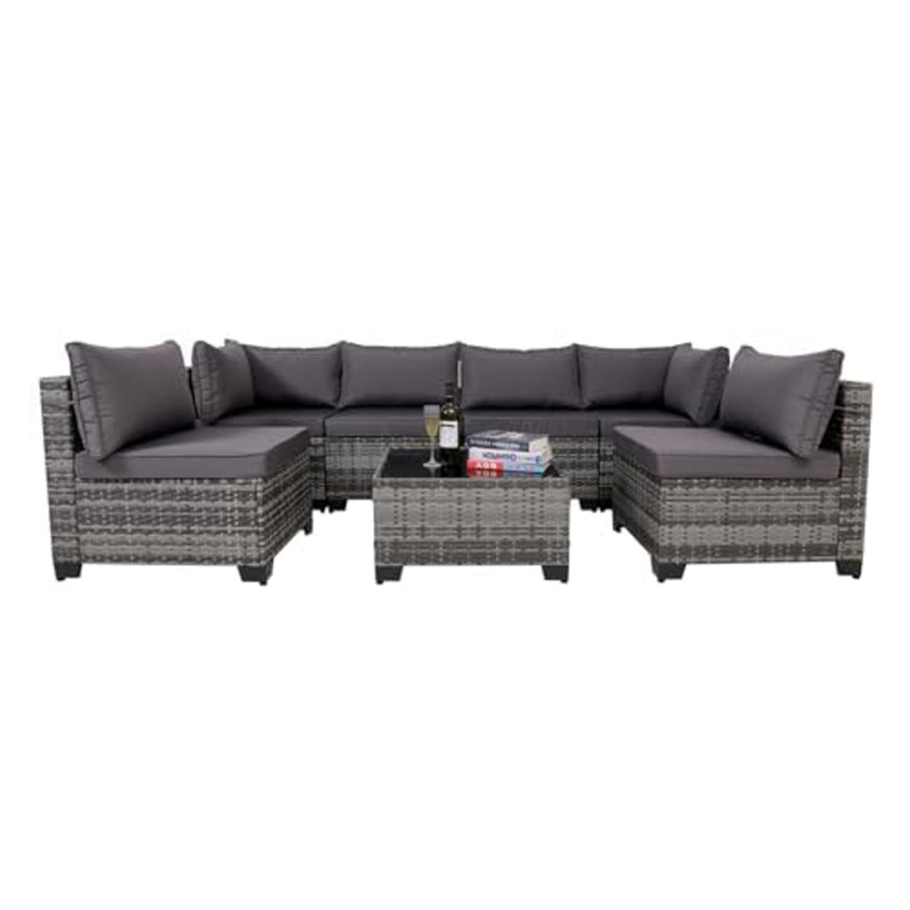 Juego de muebles exterior 7 Pieces Outdoor Rattan Patio Sectional Set, Black Wicker Furniture Conversation Sets With Washable Cushions & Glass Coffee Table For Garden, Poolside, Backyard