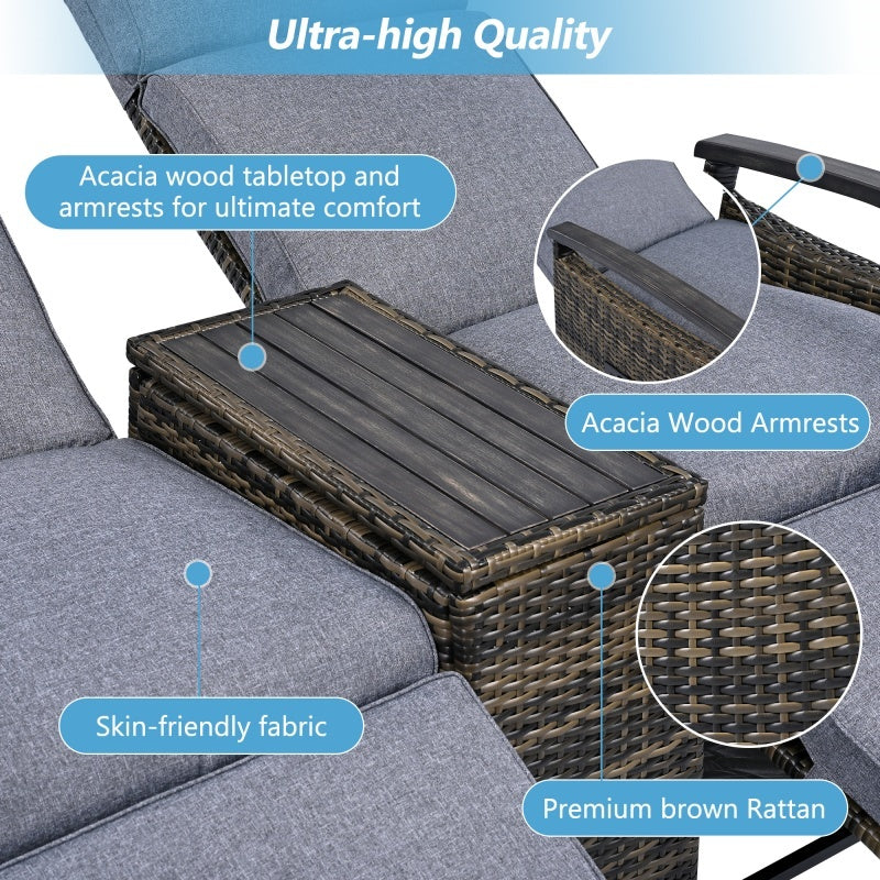 Terrace Lounge Chair Double Sofa, Adjustable Backrest Willow Outdoor Leisure Chair Set, Equipped With Acacia Wood Armrests And Built-in Storage Table, Gray, Prohibited Platform Temu