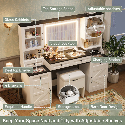 Tocador Vanity Desk With Mirror And LED Lights, Dressing Table With 5 Drawers And 4 Cabinets, Makeup Vanity Table Set With Glass Visual Desktop And Cushion Stool, For Bedroom
