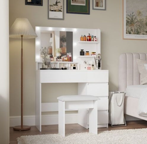 Tocador Vanity, Makeup Vanity Desk Set With Mirror & Light, Dressing Table Storage Lots With Power Strip, 3 Lighting Modes With Adjustable Brightness, 37 Inches White With Stool