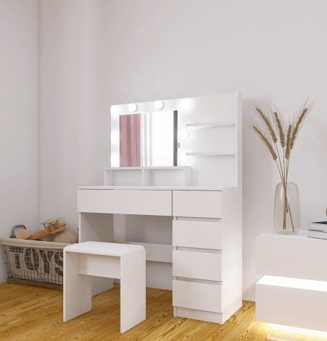 Tocador Vanity, Makeup Vanity Desk Set With Mirror & Light, Dressing Table Storage Lots With Power Strip, 3 Lighting Modes With Adjustable Brightness, 37 Inches White With Stool