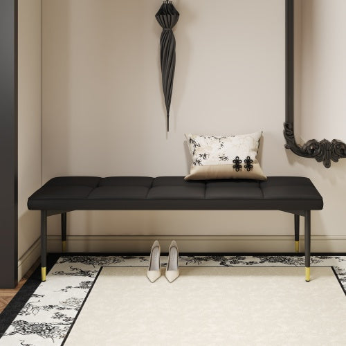 59x17 Inch Multifunctional Black Shoe Bench - Faux PU Cushion, Sturdy Metal Legs With Gold Accents.Suitable For Bedroom,Fitting Room, Storage Room, Dining Room, And Living Room,etc