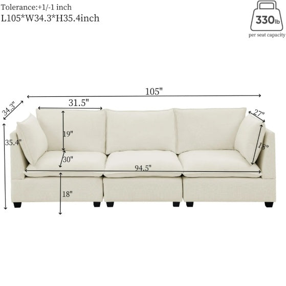 Sofa3-Piece Chenille Fabric Upholstered Living Room Furniture Set, Including 3-Seater Sofa With Seat And Back Cushion Beige White