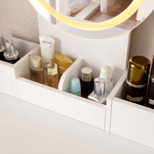 Vanity Desk With Lighted Mirror & Power Outlet, Makeup Vanity Desk With Drawers And Cabinet, Sturdy Iron Bracket, Make Up Vanity Table For Bedroom, White
