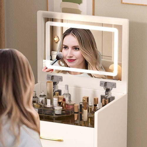 Tocador Dressing Table 3 In 1 Vanity Desk With Open Top Mirror,Small Make Up Vanity Set With Visible Glass Desktop,Compact Makeup Vanity With 3 Drawers,Dressing Table For Bedroom