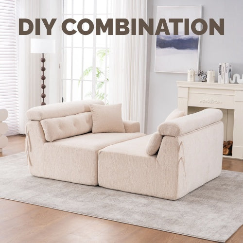 LY-029 APRICOT COMPRESSION SOFA 4-seater Combined Sofa, Wood Grain Chenille Fabric, Full Sponge Compression Sofa,combined Sofa With 2 Pillows For Living Home Furniture Apartment