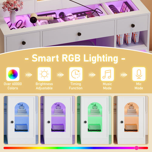 Tocador Vanity Desk With LED Mirror And Lights, Glass Top Vanity With RGB Glass Light Cabinets, Dressing Table With 5 Drawers ,Storage Shelves And Stool For Bedroom, White