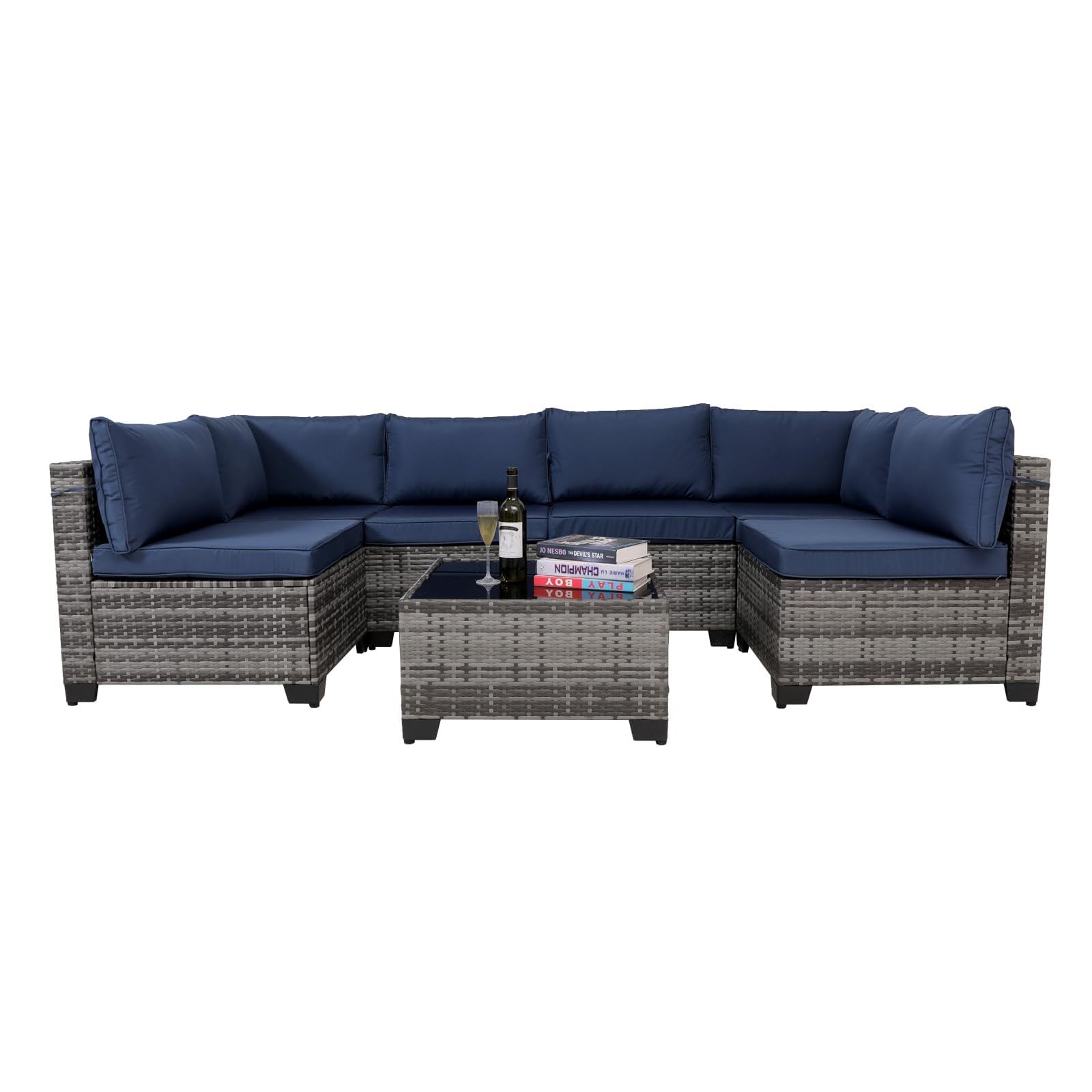 Juego de muebles exterior 7 Pieces Outdoor Rattan Patio Sectional Set, Black Wicker Furniture Conversation Sets With Washable Cushions & Glass Coffee Table For Garden, Poolside, Backyard