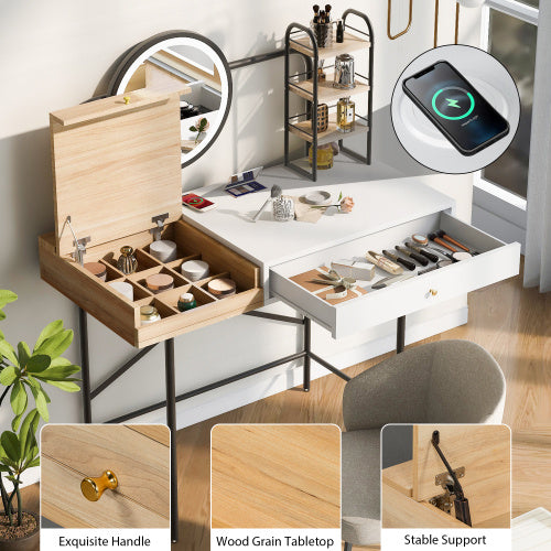 Tocador Makeup Vanity Desk With 3-Mode Lighted Mirror & Wireless Charging Station , Vanity Table With Drawer & 3 Open Shelves For Ample Storage Space
