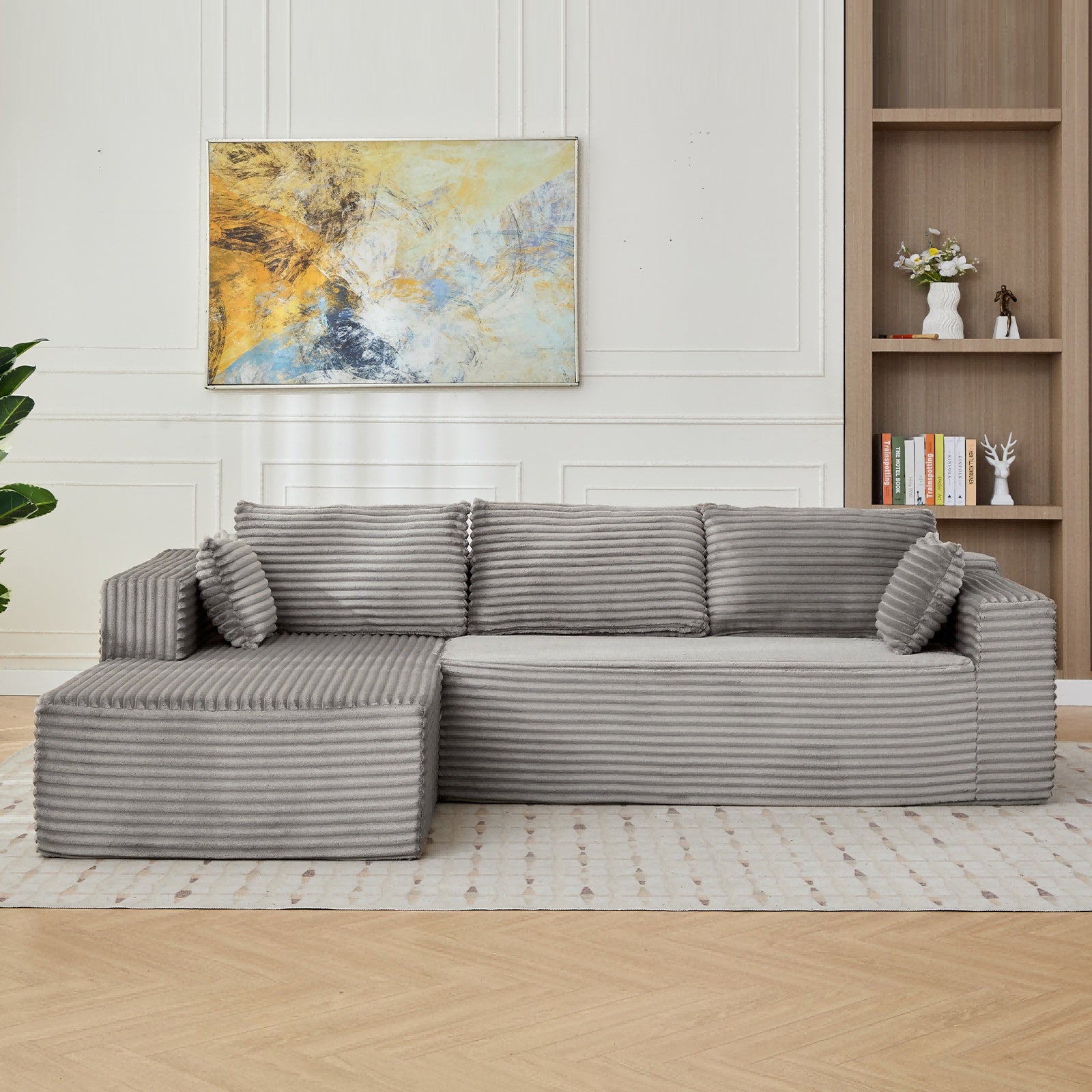 Modular L-Shaped Compression Sofa Bed With Corduroy Fabric - Convertible Sectional Sofa, Foldable Floor Couch Sleeper, Space-Saving Flannel-Like Lounge For Small Apartments, Living Room & Game Room NO TUME
