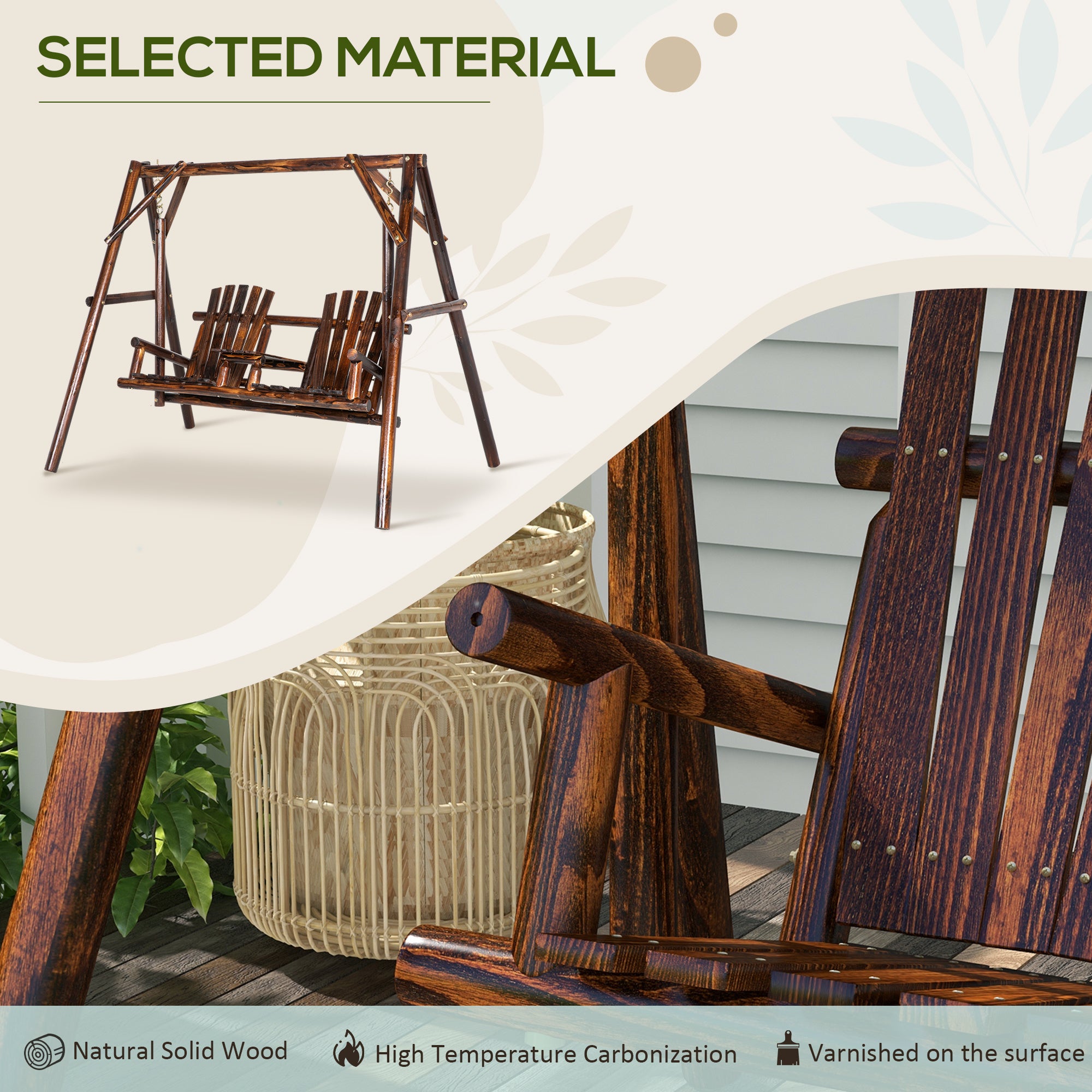 Adirondack Swing Chair Outdoor 2-Seat Freestanding Solid Wood With Center Table Carbonized