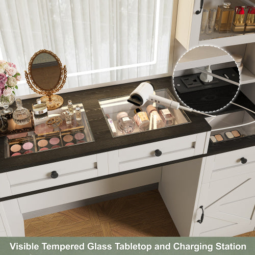 Tocador Vanity Desk With Mirror And LED Lights, Dressing Table With 5 Drawers And 4 Cabinets, Makeup Vanity Table Set With Glass Visual Desktop And Cushion Stool, For Bedroom